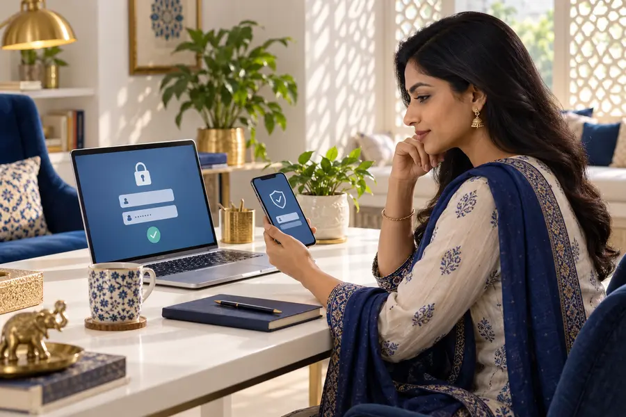Adult Indian woman checking abstract secure sign-in screens on a laptop and phone