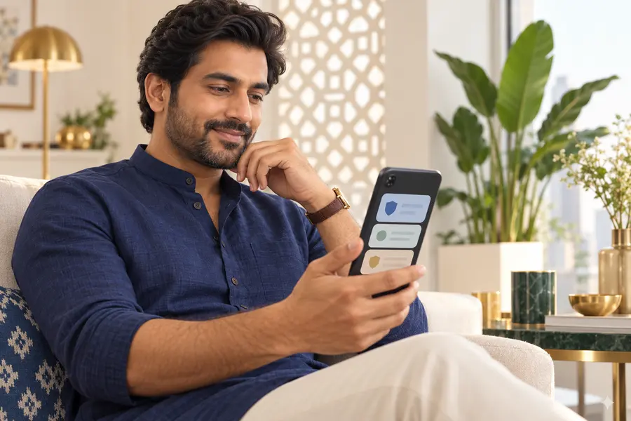 Adult Indian professional reviewing privacy and security cards on a smartphone