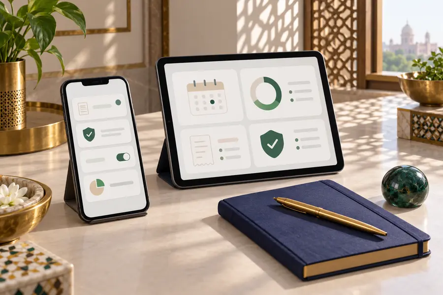 Devices with abstract terms and safety symbols beside an indigo budget notebook