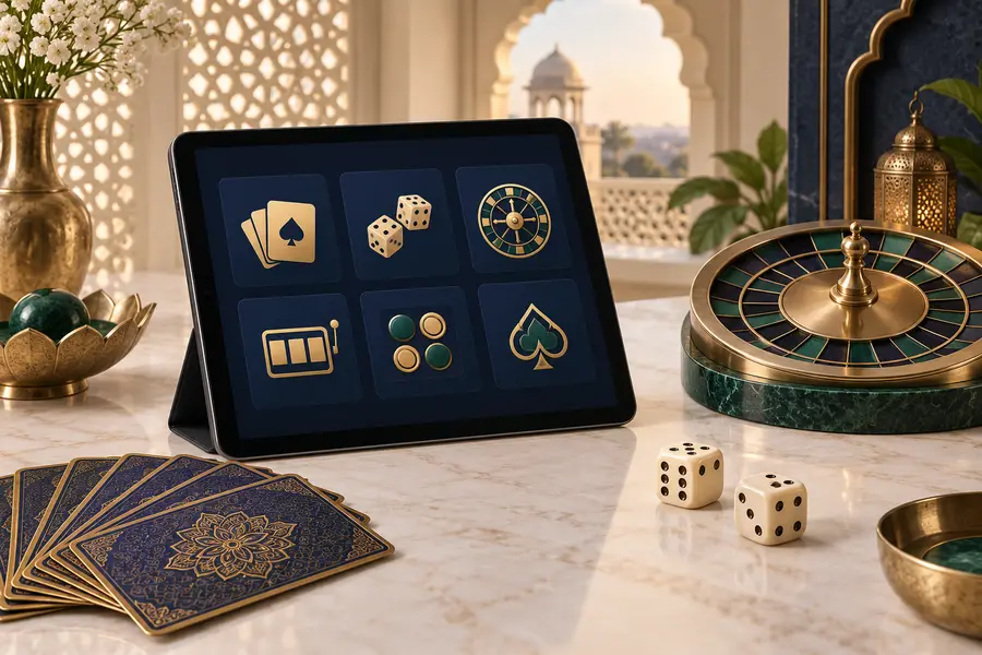Tablet with abstract casino game-category symbols in a refined Indian interior