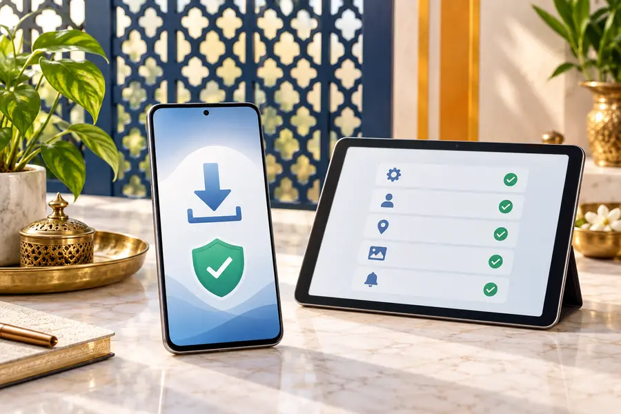 Smartphone and tablet displaying download, permission and security symbols