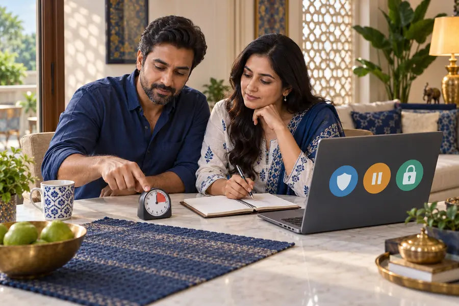 Adult Indian couple setting time and budget boundaries beside security symbols