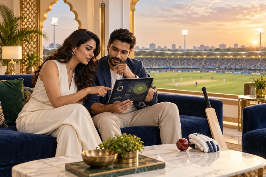 Two adult Indian readers reviewing a cricket dashboard in a stadium lounge
